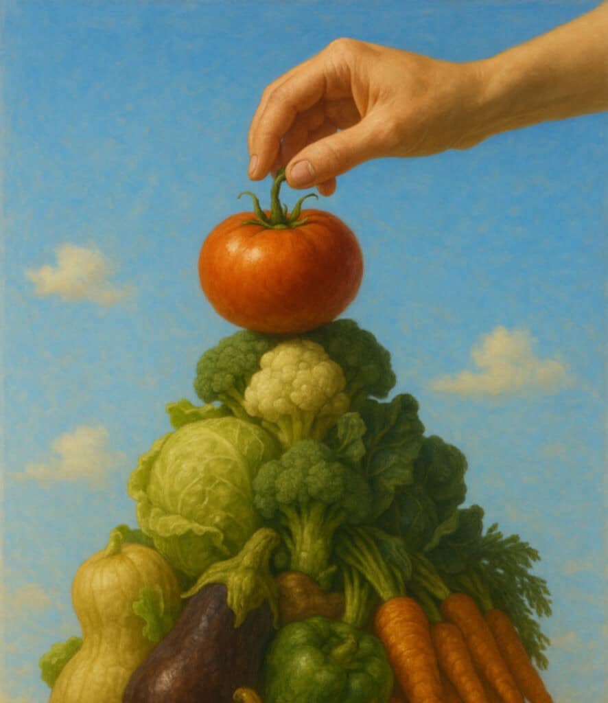 Tomate posé en équilibre sur un tas de légumes frais, symbolisant la qualité et la fraîcheur pour burgers gourmets.